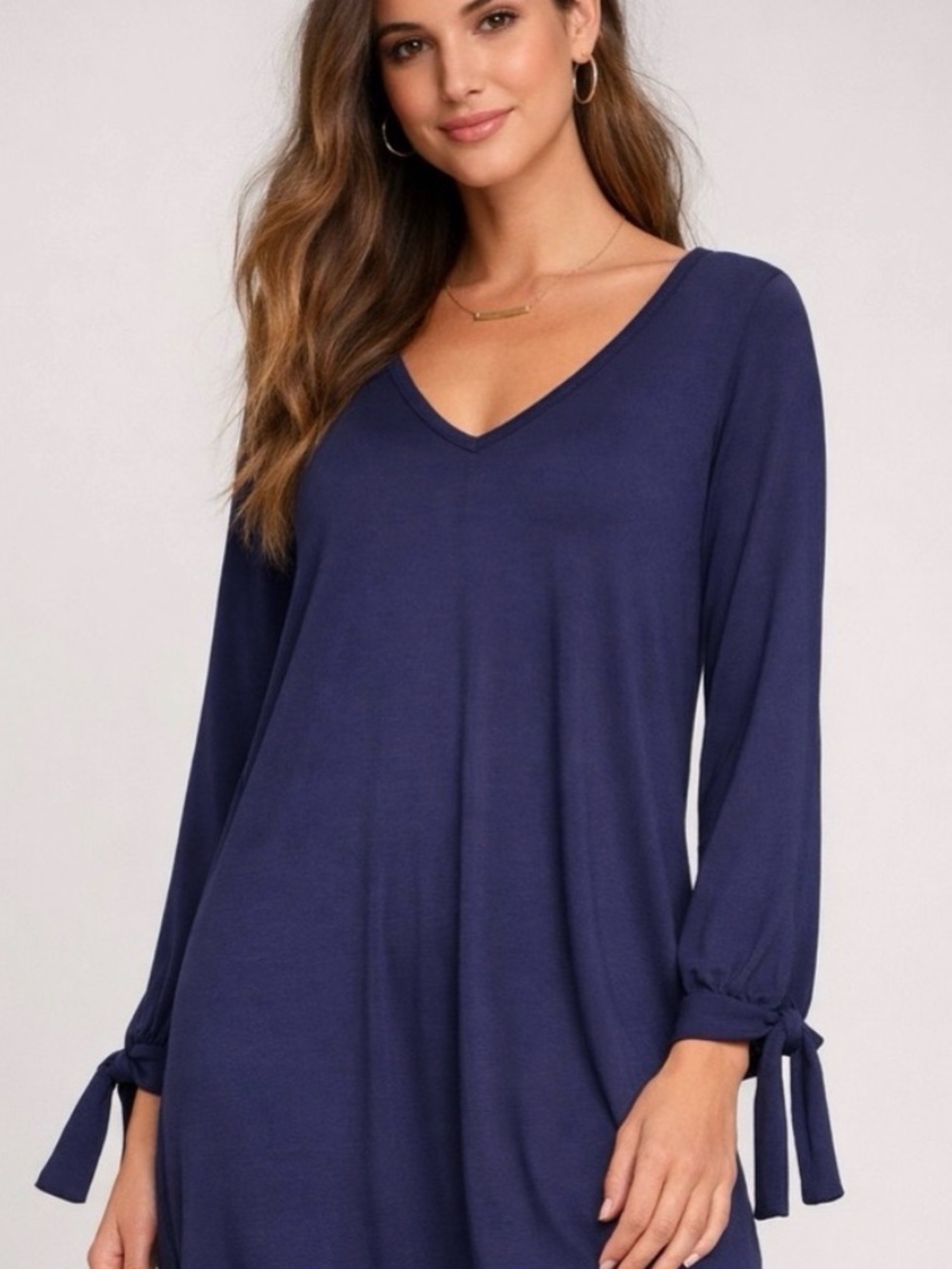 Lulus Navy V-Neck Tie Sleeve Tunic Dress NWT Women's Size L Flowy Modal Stretch